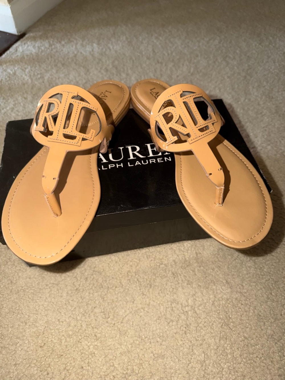 Ralph Lauren Tan Leather RL Logo Thong Sandals